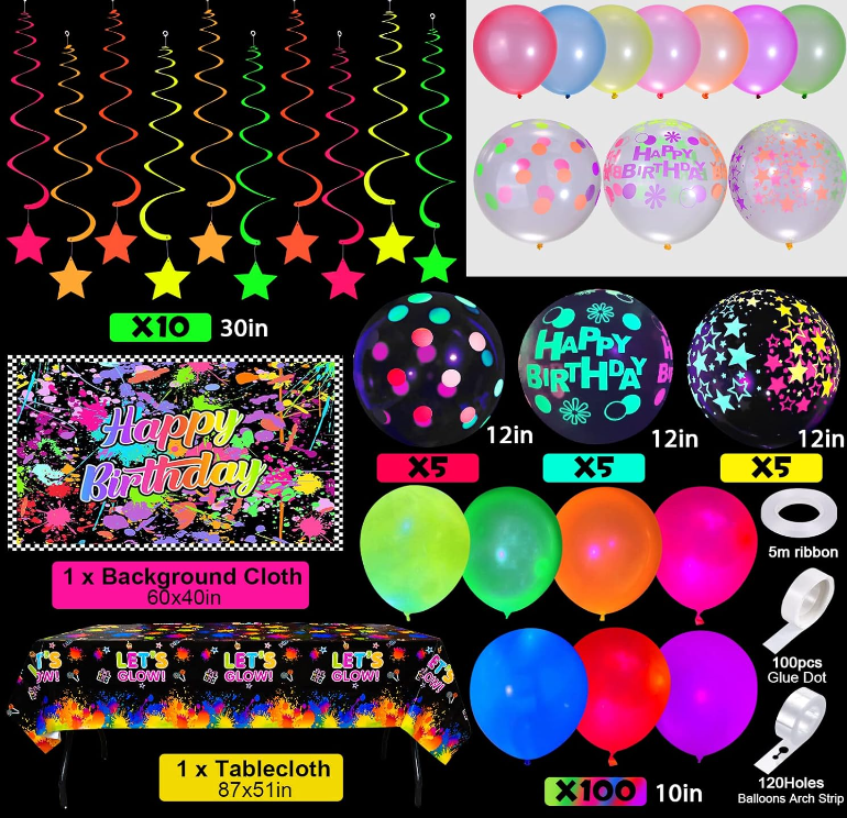 Neon Glow in The Dark Birthday Halloween Party Decorations Ballons Garland Streamers Supplies Party Decoration Kit 104 Pieces