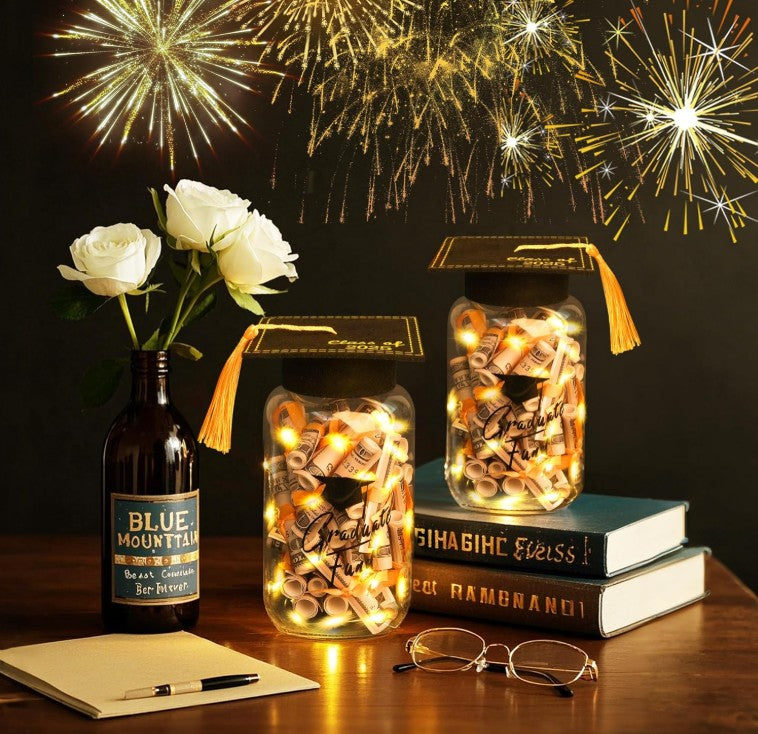 2025 Graduation Money Jar Bouquet Tier Decorations with LED Lights DIY Graduation Mason Jar Graduation Centerpieces Graduation Table Decorations