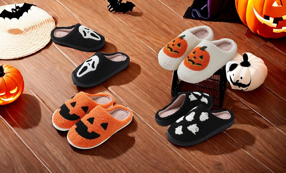 Smiley Face Pumpkin Ghost Halloween Comfortable Plush Cartoon White Black Designed Non-Slip House Slippers Slides Shoes