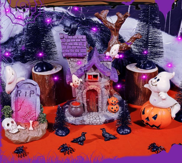 Halloween Ghost and Pumpkin House Statue Figurine Halloween Village Accessories Haunted House Decor Tombstone