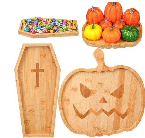 Creative Bamboo Wooden Bridge Leaf Sushi Bakery Cheese Charcuterie Pumpkin Cofin Board with Knife Serving Tray Set for Kitchen Decor Haloween Parties