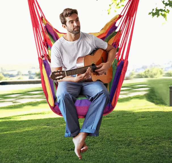 Portable Indoor-Outdoor Colorful Woven Fabric Hammock Chair Swing with Storage Bag Pillows and Straps