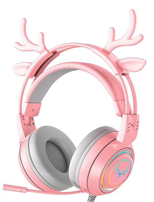 Gaming Work Music Antlers Cat Ears Headset with Noise Cancelling Surround Sound RGB Backlight Mic for PC Mac Nintendo PS4 PS5 Xbox One Mobile Phone