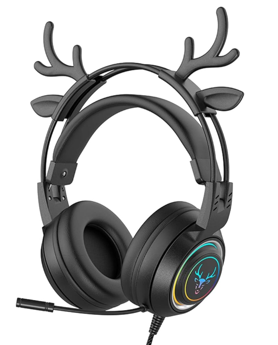 Gaming Work Music Antlers Cat Ears Headset with Noise Cancelling Surround Sound RGB Backlight Mic for PC Mac Nintendo PS4 PS5 Xbox One Mobile Phone
