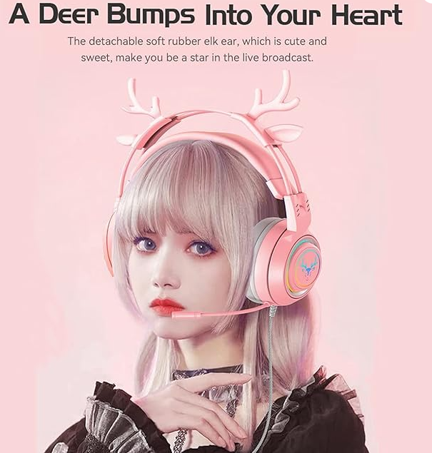 Gaming Work Music Antlers Cat Ears Headset with Noise Cancelling Surround Sound RGB Backlight Mic for PC Mac Nintendo PS4 PS5 Xbox One Mobile Phone