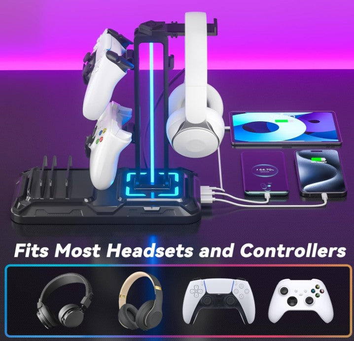 Gaming Headset Stand with Charging Station - Detachable Controller Holder with 9 Light Modes - Rotatable Headphone Hanger with USB A&C Charger Ports - Earphone Hook for PC Gaming Accessories Storage