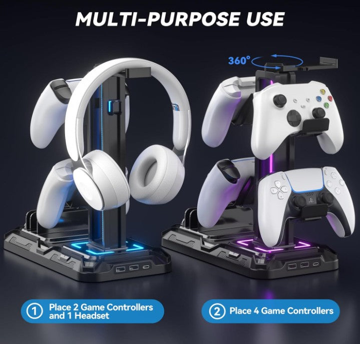 Gaming Headset Stand with Charging Station - Detachable Controller Holder with 9 Light Modes - Rotatable Headphone Hanger with USB A&C Charger Ports - Earphone Hook for PC Gaming Accessories Storage