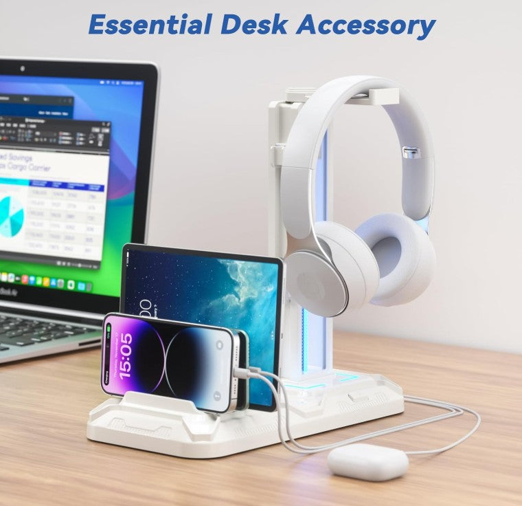 Gaming Headset Stand with Charging Station - Detachable Controller Holder with 9 Light Modes - Rotatable Headphone Hanger with USB A&C Charger Ports - Earphone Hook for PC Gaming Accessories Storage