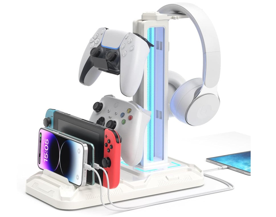 Gaming Headset Stand with Charging Station - Detachable Controller Holder with 9 Light Modes - Rotatable Headphone Hanger with USB A&C Charger Ports - Earphone Hook for PC Gaming Accessories Storage