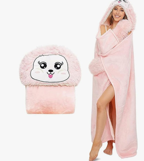 Wearable Hooded Blanket for Adults Kids Soft Warm Fleece Sherpa Hoodie Throw Winter Linen Fleece Cozy Plush Animal Cape for Halloween Costumes