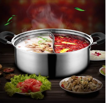 Gold Silver Stainless Steel 304 Dual Side Chambers Hot Shabu Pot Induction Cookware with Glass Lid and Serving Spoons