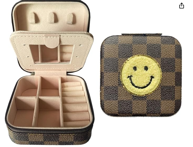 Portable Happy Travel Smiley Face Leather Multi Compartment Jewelry Box