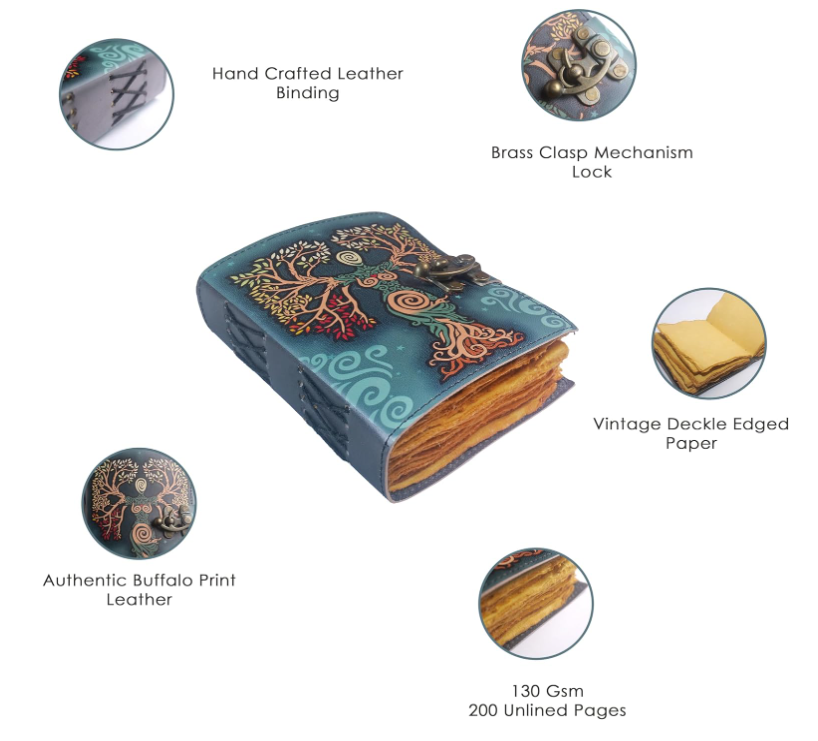 Vintage Leather 200 Page Journal Book of Spell Shadows with Antique Handmade Deckle Edge Paper