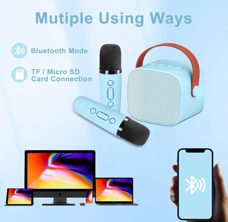 Mini Portable Bluetooth Karaoke Machine for Kids Adults with Two Microphones with Carry Case Options