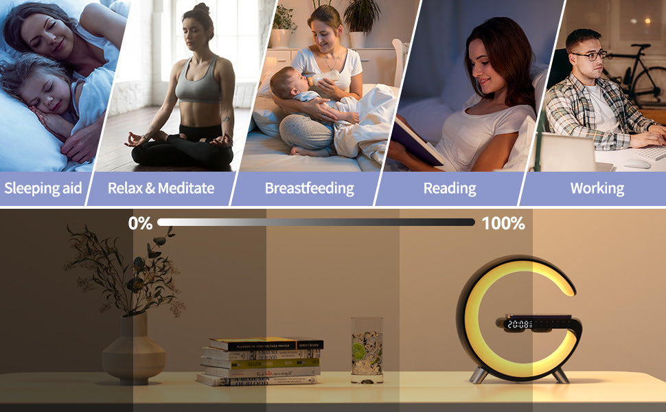 4 in 1 Atmosphere New Intelligent LED Wireless Bluetooth Speaker Alarm Clock I Phone Charger Sleep Assist Smart Sound Music Night Lamp Machine