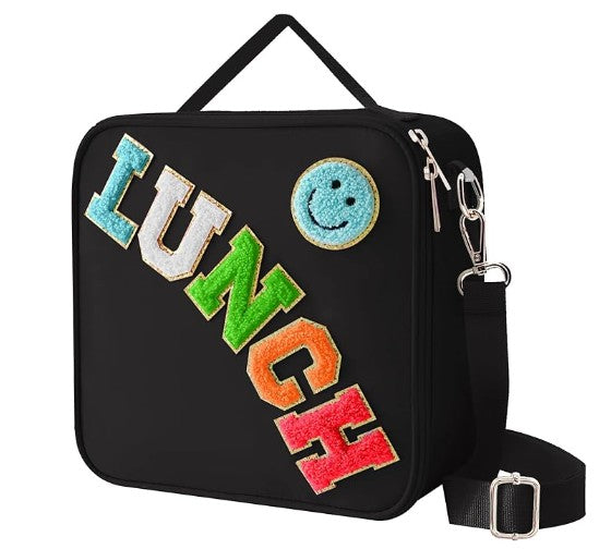 Insulated Lunch Bag With Adjustable Shoulder Strap, Nylon Preppy Lunch Box Large Insulated Lunch Bag Reusable Lunch Tote Bag with Smiley Preppy LunchBag for Girls School Travel Picnic