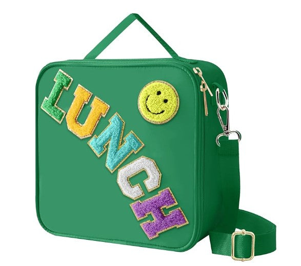 Insulated Lunch Bag With Adjustable Shoulder Strap, Nylon Preppy Lunch Box Large Insulated Lunch Bag Reusable Lunch Tote Bag with Smiley Preppy LunchBag for Girls School Travel Picnic