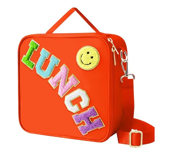 Insulated Lunch Bag With Adjustable Shoulder Strap, Nylon Preppy Lunch Box Large Insulated Lunch Bag Reusable Lunch Tote Bag with Smiley Preppy LunchBag for Girls School Travel Picnic