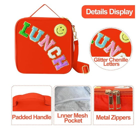 Insulated Lunch Bag With Adjustable Shoulder Strap, Nylon Preppy Lunch Box Large Insulated Lunch Bag Reusable Lunch Tote Bag with Smiley Preppy LunchBag for Girls School Travel Picnic