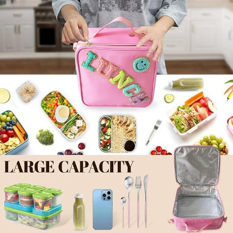 Insulated Lunch Bag With Adjustable Shoulder Strap, Nylon Preppy Lunch Box Large Insulated Lunch Bag Reusable Lunch Tote Bag with Smiley Preppy LunchBag for Girls School Travel Picnic