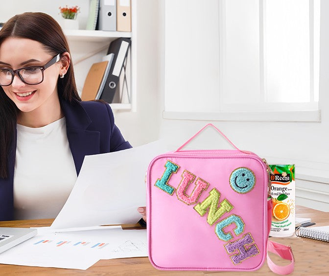 Insulated Lunch Bag With Adjustable Shoulder Strap, Nylon Preppy Lunch Box Large Insulated Lunch Bag Reusable Lunch Tote Bag with Smiley Preppy LunchBag for Girls School Travel Picnic