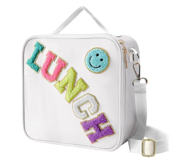 Insulated Pink White Orange Red Black Lunch Bag with Adjustable Shoulder Strap, Nylon Preppy Lunch Box Large Insulated Lunch Bag Reusable Lunch Tote Bag with Smiley Preppy LunchBag for Girls School Travel Picnic