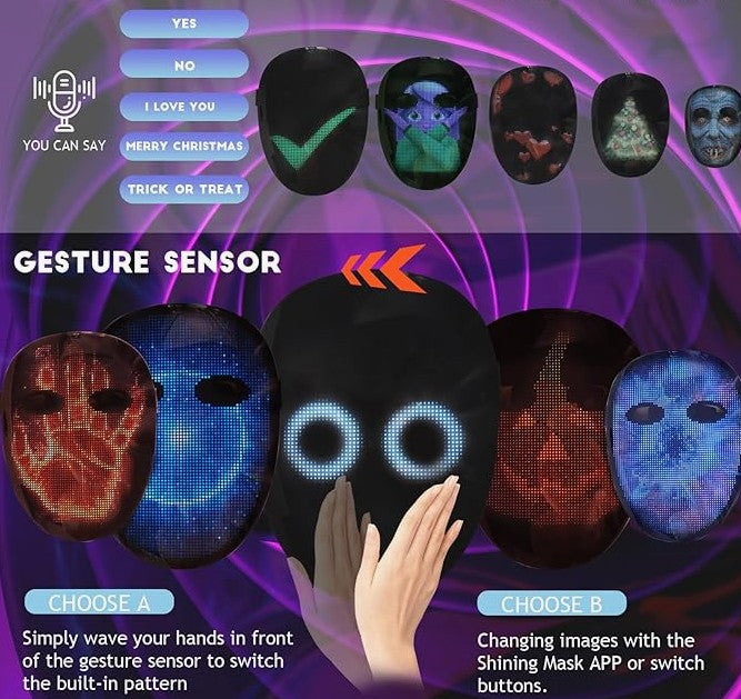 LED Mask Light Up Mask Unisex Light Up Luminous Digital Glow Mask with Gesture Sensing Halloween LED Lighted Face Transforming for Costume Cosplay Party Rave Dj