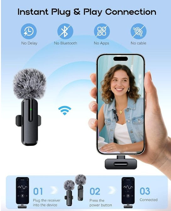 Wireless Mini Microphone for iPhone - 2 Pack Bluetooth Microphone for Video Recording, 2 In 1 Noise Reduction Lapel Mic for I pad, Android, Clip-on..