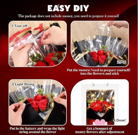 Money Flower Graduation Bouquet Decorations with LED Lights & Bear DIY Centerpieces for Weddings Birthdays Mother's Day Graduation Parties Table Decorations