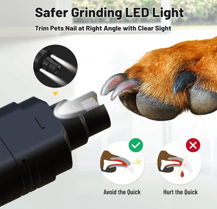 Dog Nail Grinder with 2 LED Light 3-Speed Professional Electric Rechargeable Pet Nail Trimmer Quiet Painless Paws Grooming & Smoothing for Small Medium Large Dogs & Cats