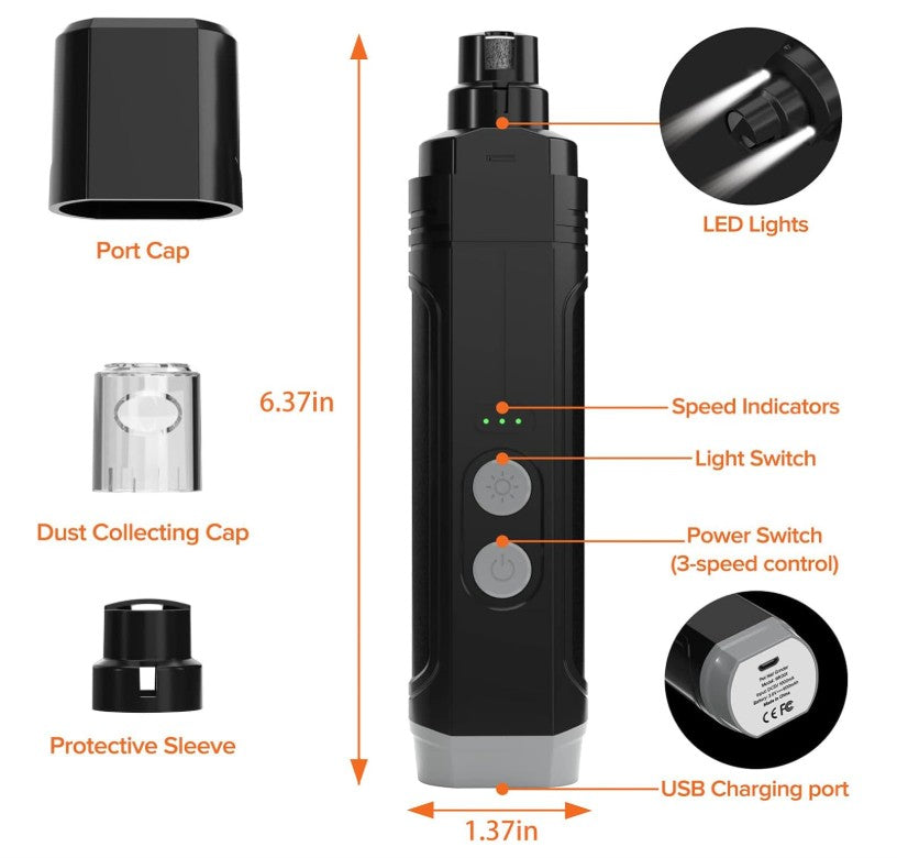 Dog Nail Grinder with 2 LED Light 3-Speed Professional Electric Rechargeable Pet Nail Trimmer Quiet Painless Paws Grooming & Smoothing for Small Medium Large Dogs & Cats
