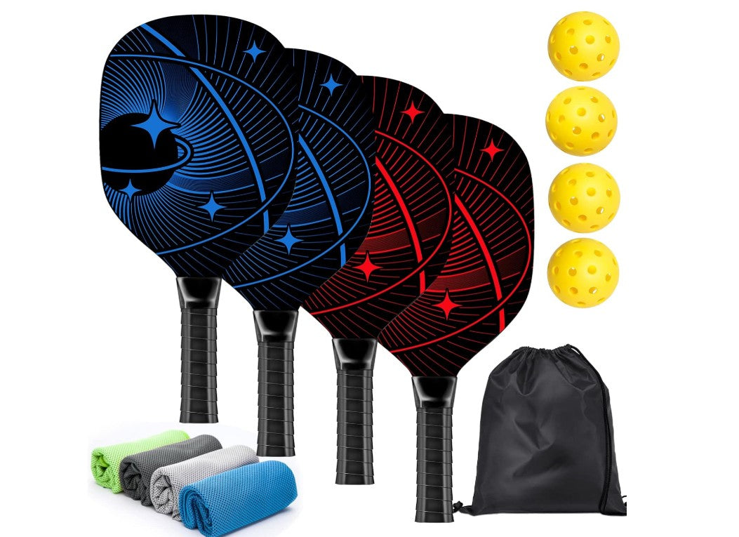 Pickleball Paddles, Pickleball Set with 4 Premium Wood Pickleball Paddles, 4 Pickleball Balls, 4 Cooling Towels & Carry Bag