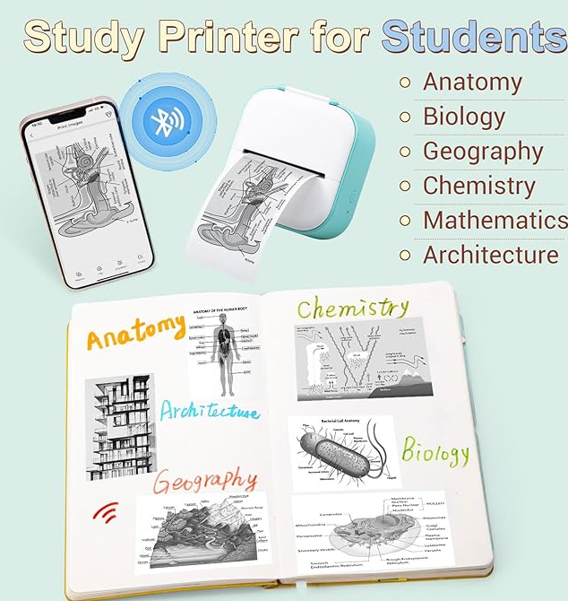 Mini Thermal Wireless T02 Pocket Inkless Printer for Crafting Recipes School Work with Self-adhesive Color White Paper