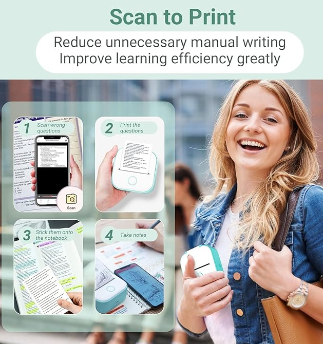 Mini Thermal Wireless T02 Pocket Inkless Printer for Crafting Recipes School Work with Self-adhesive Color White Paper