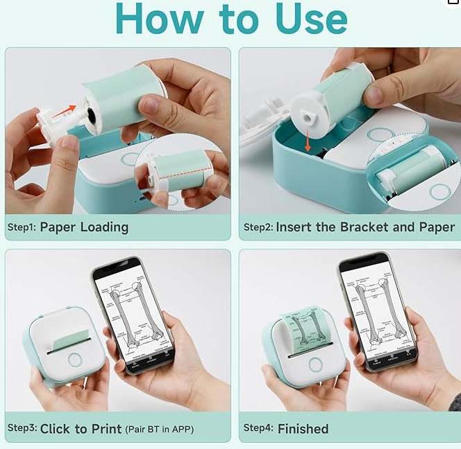 Mini Thermal Wireless T02 Pocket Inkless Printer for Crafting Recipes School Work with Self-adhesive Color White Paper