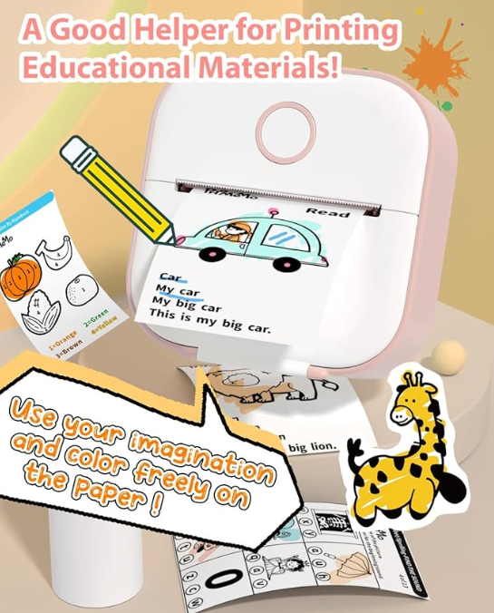 Mini Thermal Wireless T02 Pocket Inkless Printer for Crafting Recipes School Work with Self-adhesive Color White Paper