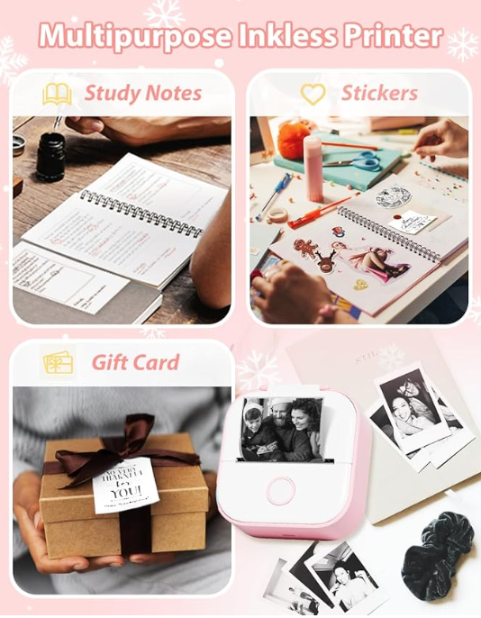 Mini Thermal Wireless T02 Pocket Inkless Printer for Crafting Recipes School Work with Self-adhesive Color White Paper