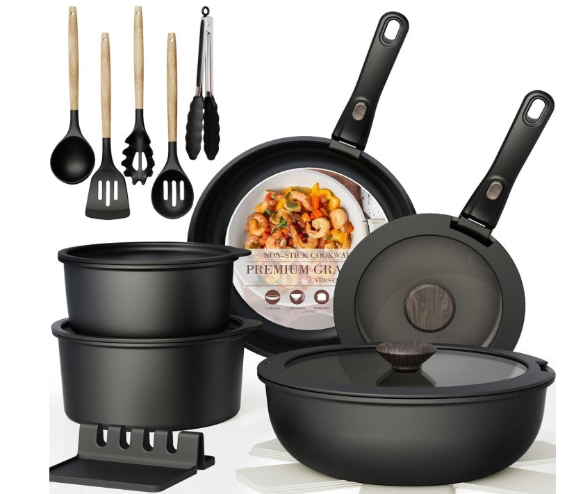 8-21 Piece Multi Color Orange Red Purple Blue Pink White Black Non-Stick Kitchen Cookware Pots and Pans Sets