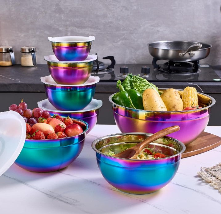8-piece Rainbow Iridescent Metal Stainless Steel Mixing Baking and Cooking Bowls with Color Lids