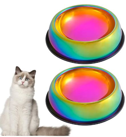 Rainbow Color Stainless Steel Cat Big Bowl Water & Feeder Bowls 2 in 1 Slow Feed Bowl for Small Medium Big Cats Dogs Pets with Non-Skid Rubber Base