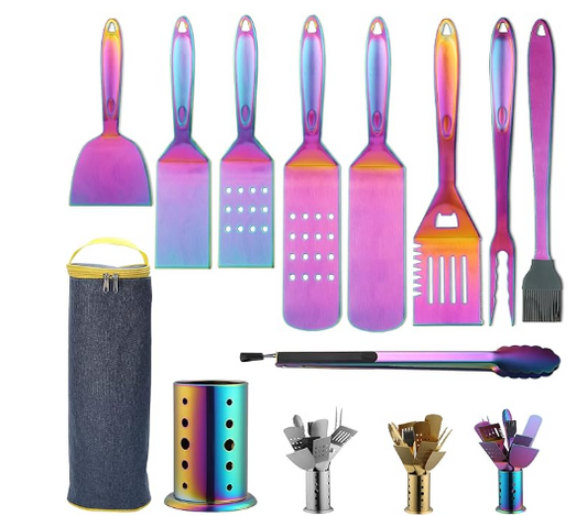 Rainbow Gold Silver Titanium Stainless Steel Grill Cooking Heat Resistant Kitchen Utensils Sets