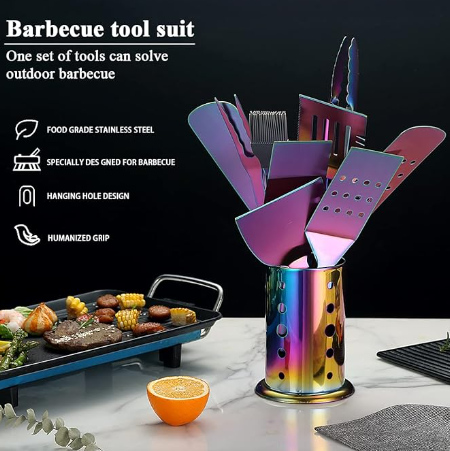 Rainbow Gold Silver Titanium Stainless Steel Grill Cooking Heat Resistant Kitchen Utensils Sets