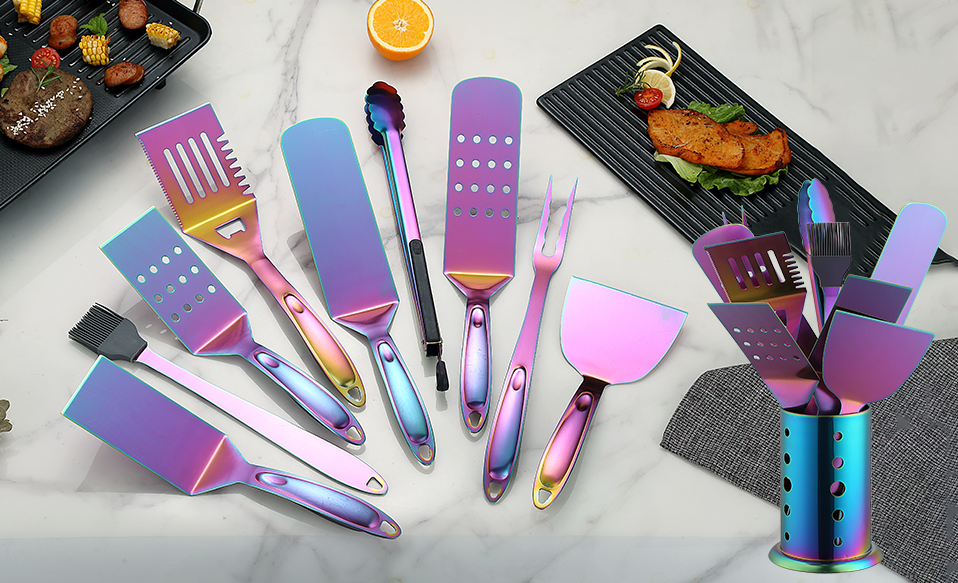 Rainbow Gold Silver Titanium Stainless Steel Grill Cooking Heat Resistant Kitchen Utensils Sets
