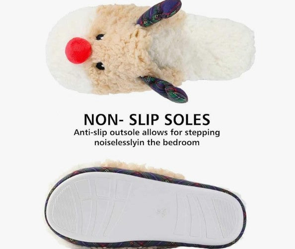 Cute Soft Plush Fur Non-Slip Cartoon Red and Green Christmas Reindeer Grinch House Slip on Slippers for Men and Women Kids