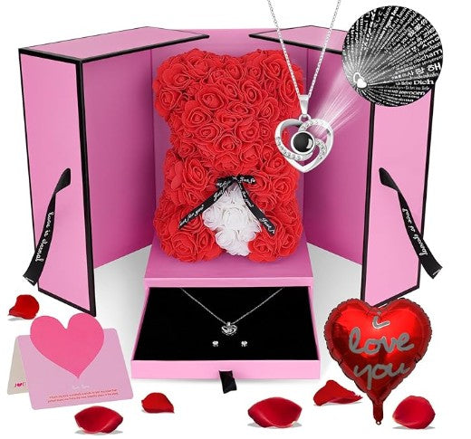 Unique Handmade Floral Color Rose Bears with Jewlry Heart Pendent Necklace Pouch Card Balloon and Lights for Christmas Halloween Mother's Day Valentines Day Birthday Lover Friend Wife Gift Set