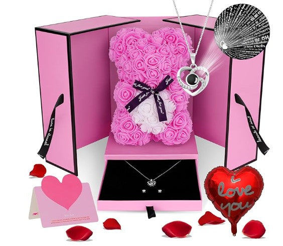 Unique Handmade Floral Color Rose Bears with Jewlry Heart Pendent Necklace Pouch Card Balloon and Lights for Christmas Halloween Mother's Day Valentines Day Birthday Lover Friend Wife Gift Set