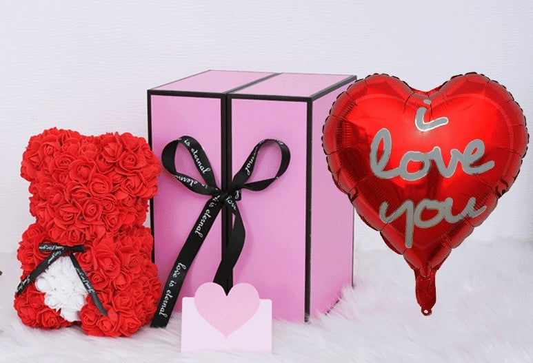 Unique Handmade Floral Color Rose Bears with Jewlry Heart Pendent Necklace Pouch Card Balloon and Lights for Christmas Halloween Mother's Day Valentines Day Birthday Lover Friend Wife Gift Set