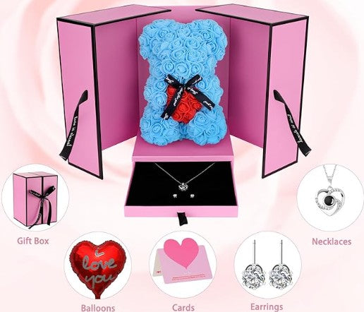 Unique Handmade Floral Color Rose Bears with Jewlry Heart Pendent Necklace Pouch Card Balloon and Lights for Christmas Halloween Mother's Day Valentines Day Birthday Lover Friend Wife Gift Set