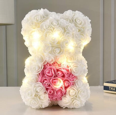 Unique Handmade Floral Color Rose Bears with Jewlry Heart Pendent Necklace Pouch Card Balloon and Lights for Christmas Halloween Mother's Day Valentines Day Birthday Lover Friend Wife Gift Set