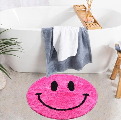 Happy Smiley Face Yellow Pink Blue Green Retro Aesthetic Preppy Non-Slip Home Bedroom Bathroom Room Decor Rug